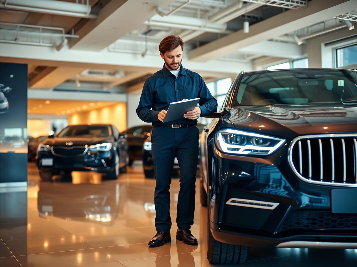 Heritage Summit Motors technician inspecting a luxury vehicle in the Fontana showroom