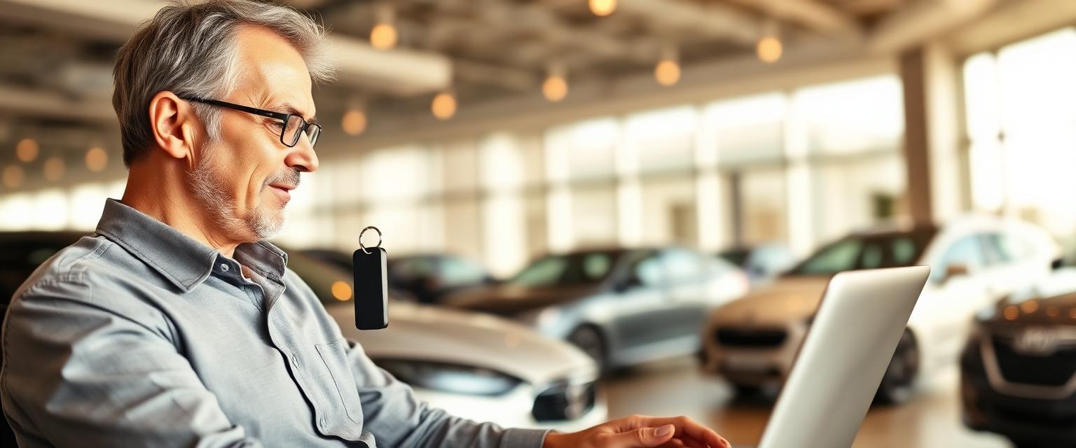 Customer researching vehicles on a laptop in a dealership lounge