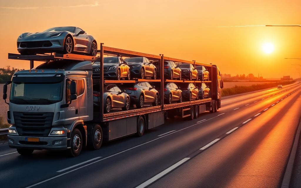 Car carrier truck transporting vehicles at sunset