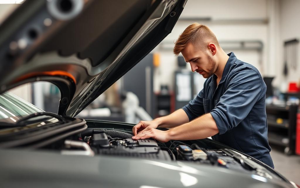 Mechanic servicing a car engine in a modern workshop